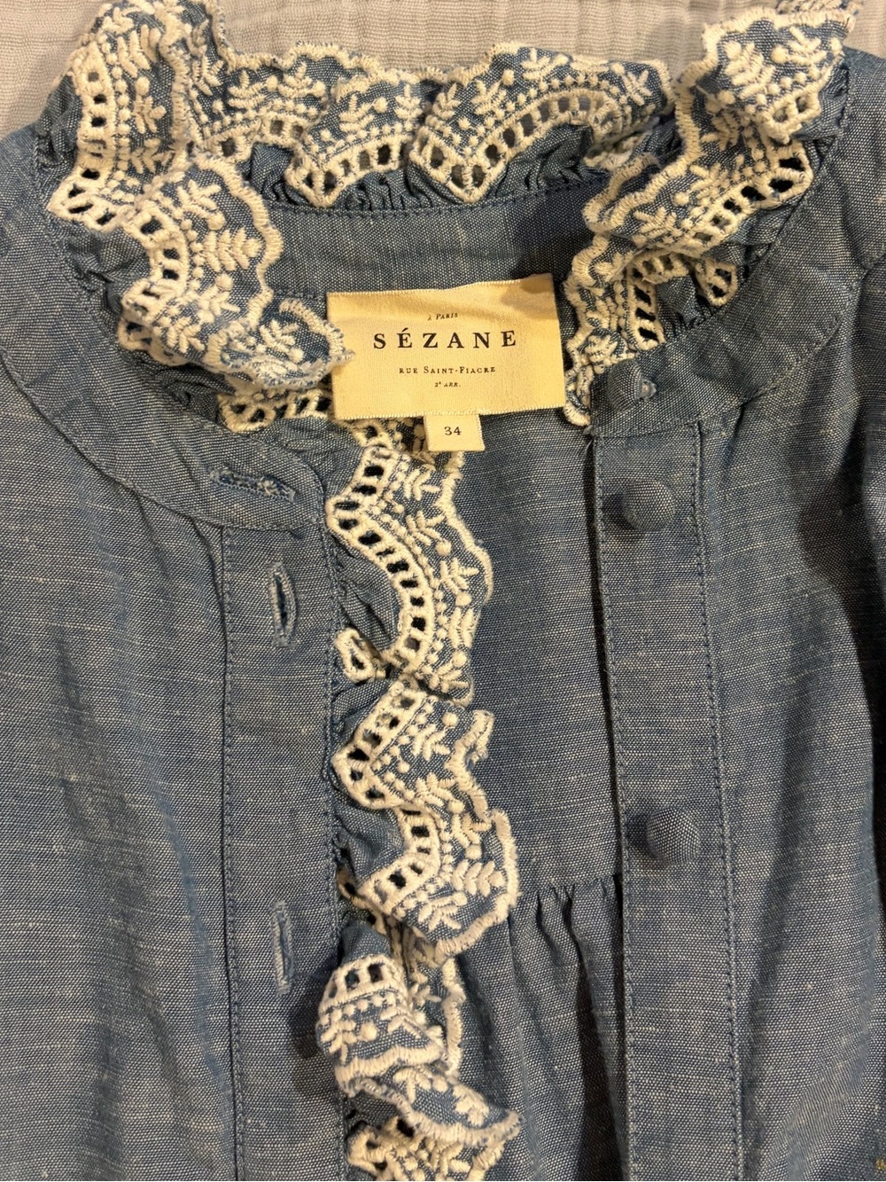 Sézane Blue Chambray Blouse with Cream Lace Trim
